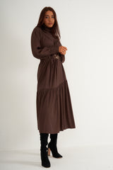 Brown Ruffled High Neck Long Dress With Belt