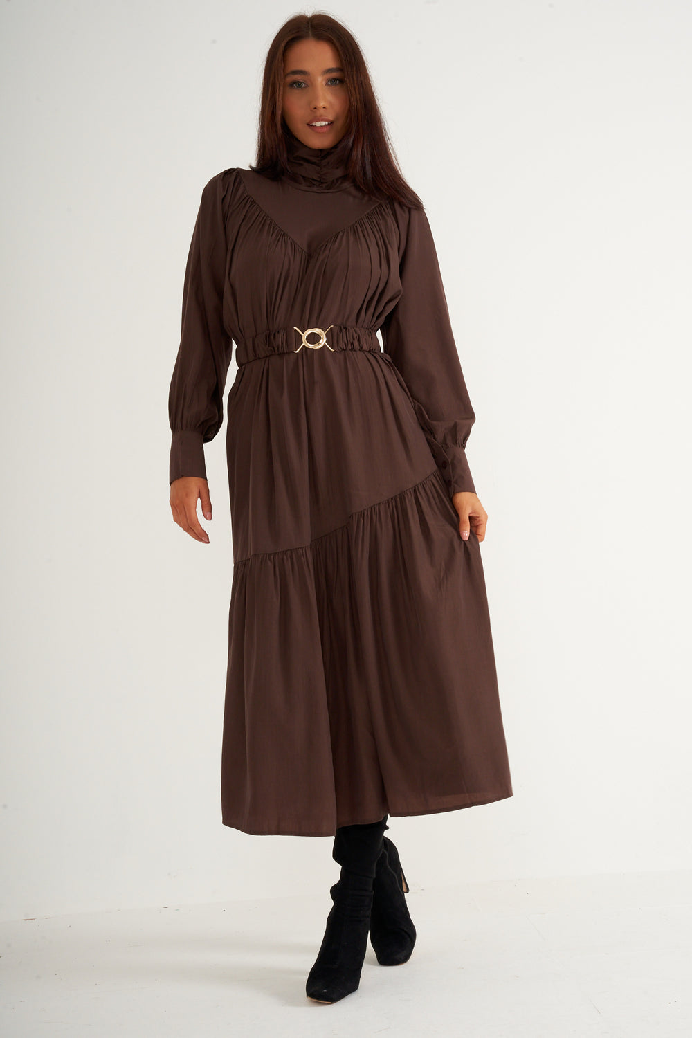 Brown Ruffled High Neck Long Dress With Belt