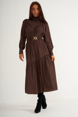 Brown Ruffled High Neck Long Dress With Belt