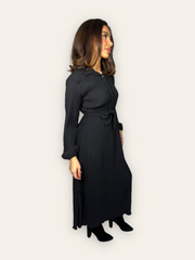 Black Belted Textured Maxi Dress with long sleeves and collars