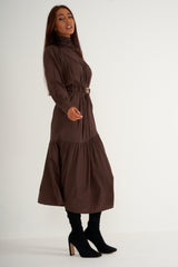 Brown Ruffled High Neck Long Dress With Belt