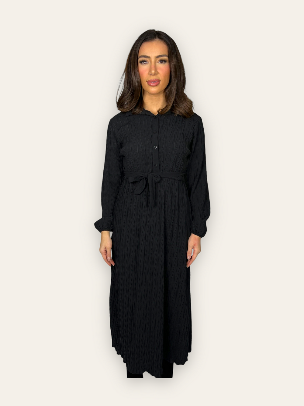 Black Belted Textured Maxi Dress with long sleeves and collars