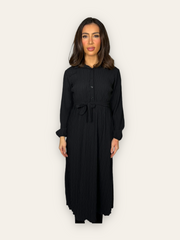 Black Belted Textured Maxi Dress with long sleeves and collars