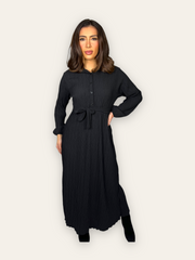 Black Belted Textured Maxi Dress with long sleeves and collars