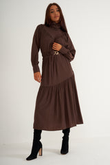 Brown Ruffled High Neck Long Dress With Belt