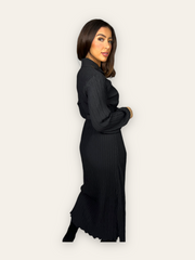 Black Belted Textured Maxi Dress with long sleeves and collars