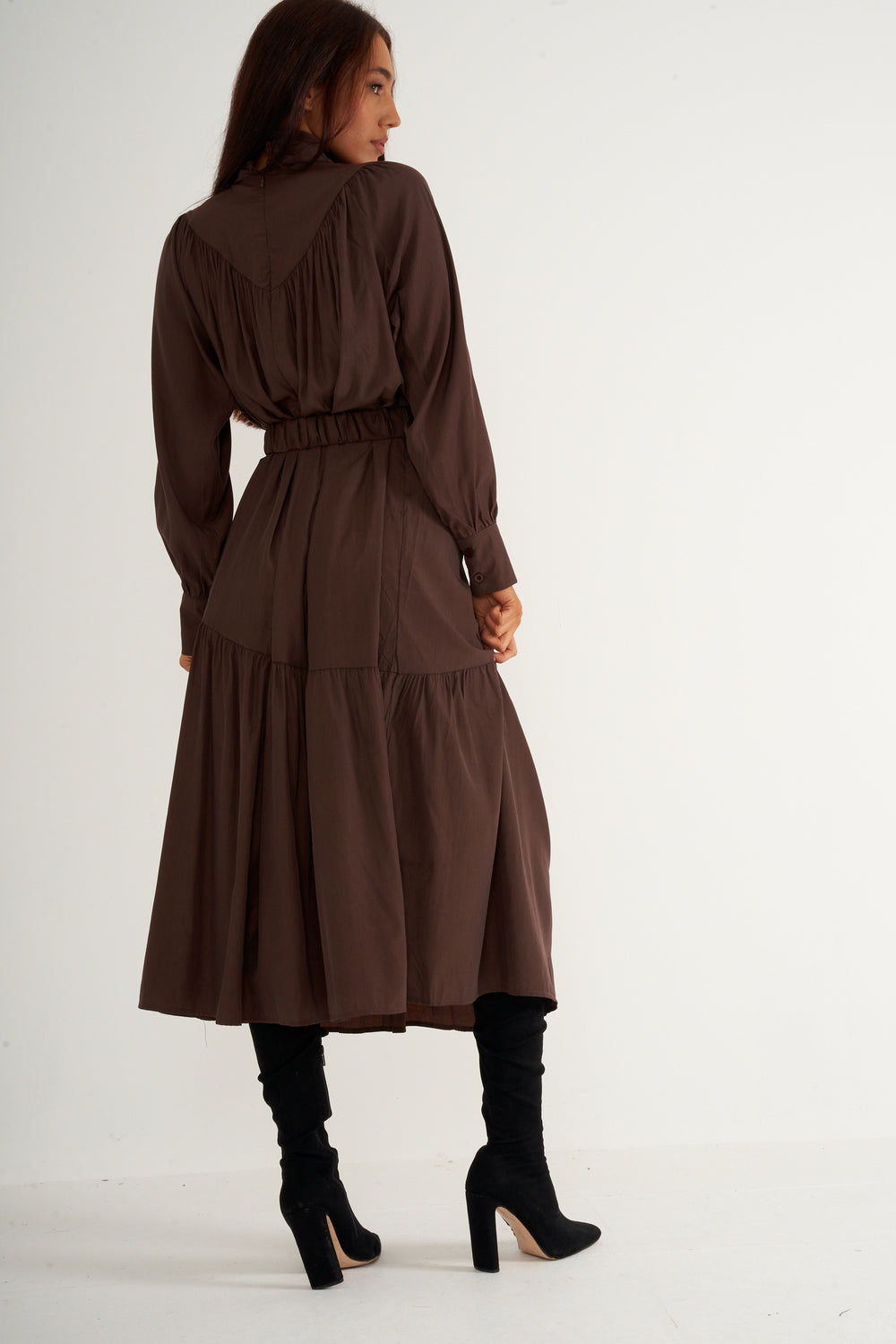 Brown Ruffled High Neck Long Dress With Belt
