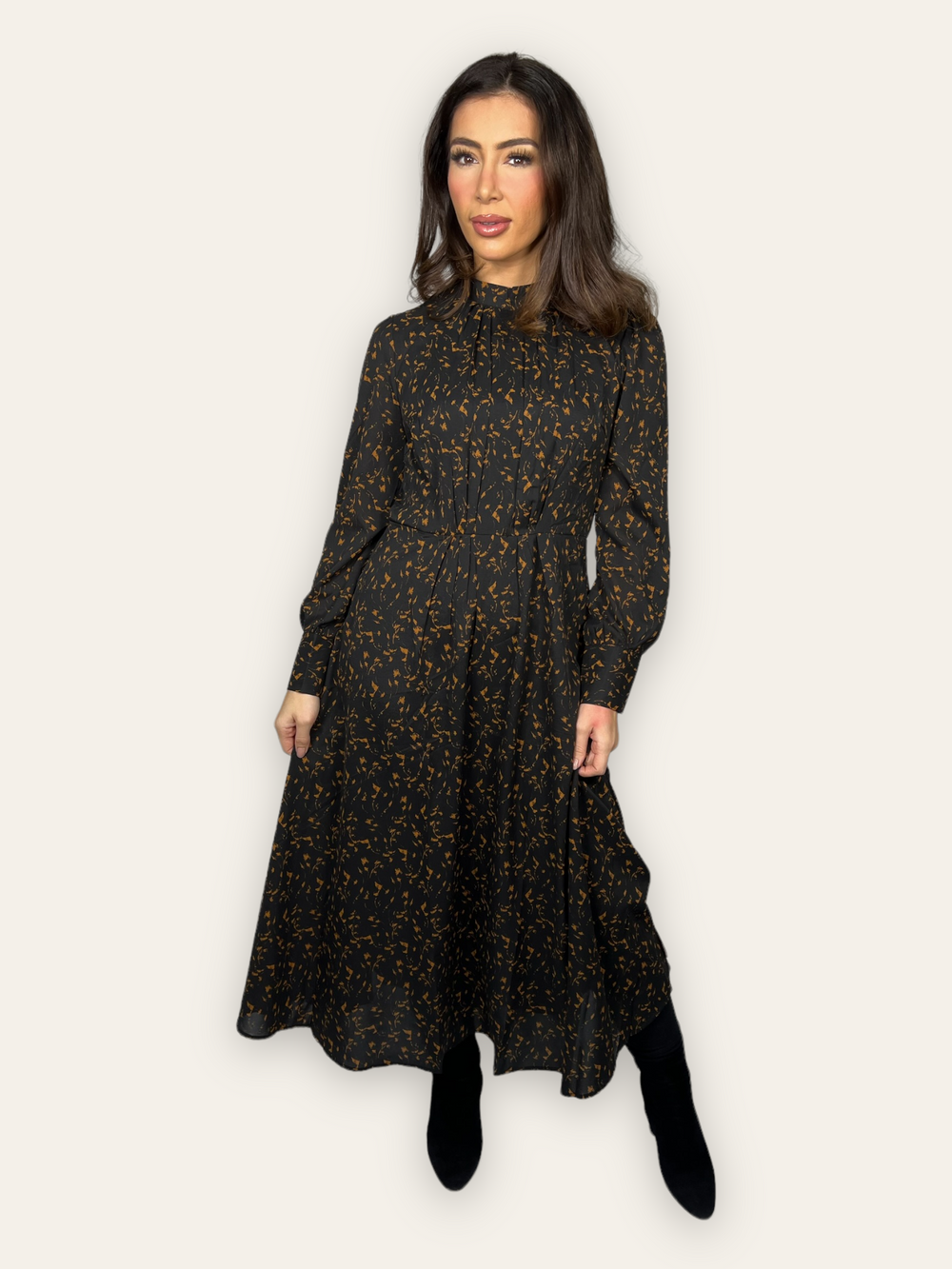 Black and Brown Pleated Maxi Dress