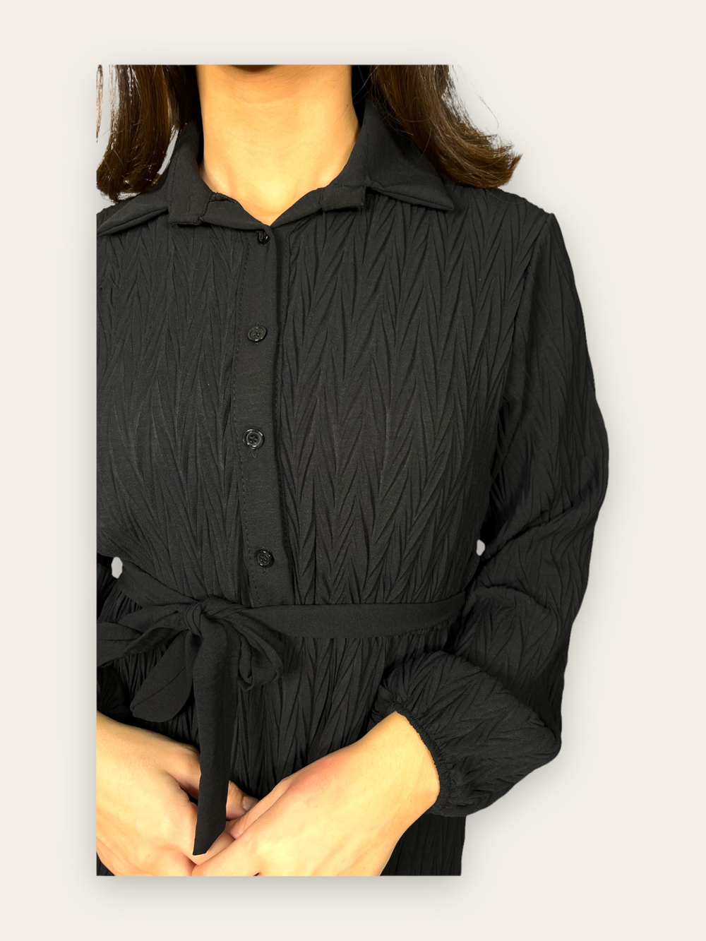 Black Belted Textured Maxi Dress with long sleeves and collars