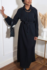 Black Belted Textured Maxi Dress with long sleeves and collars