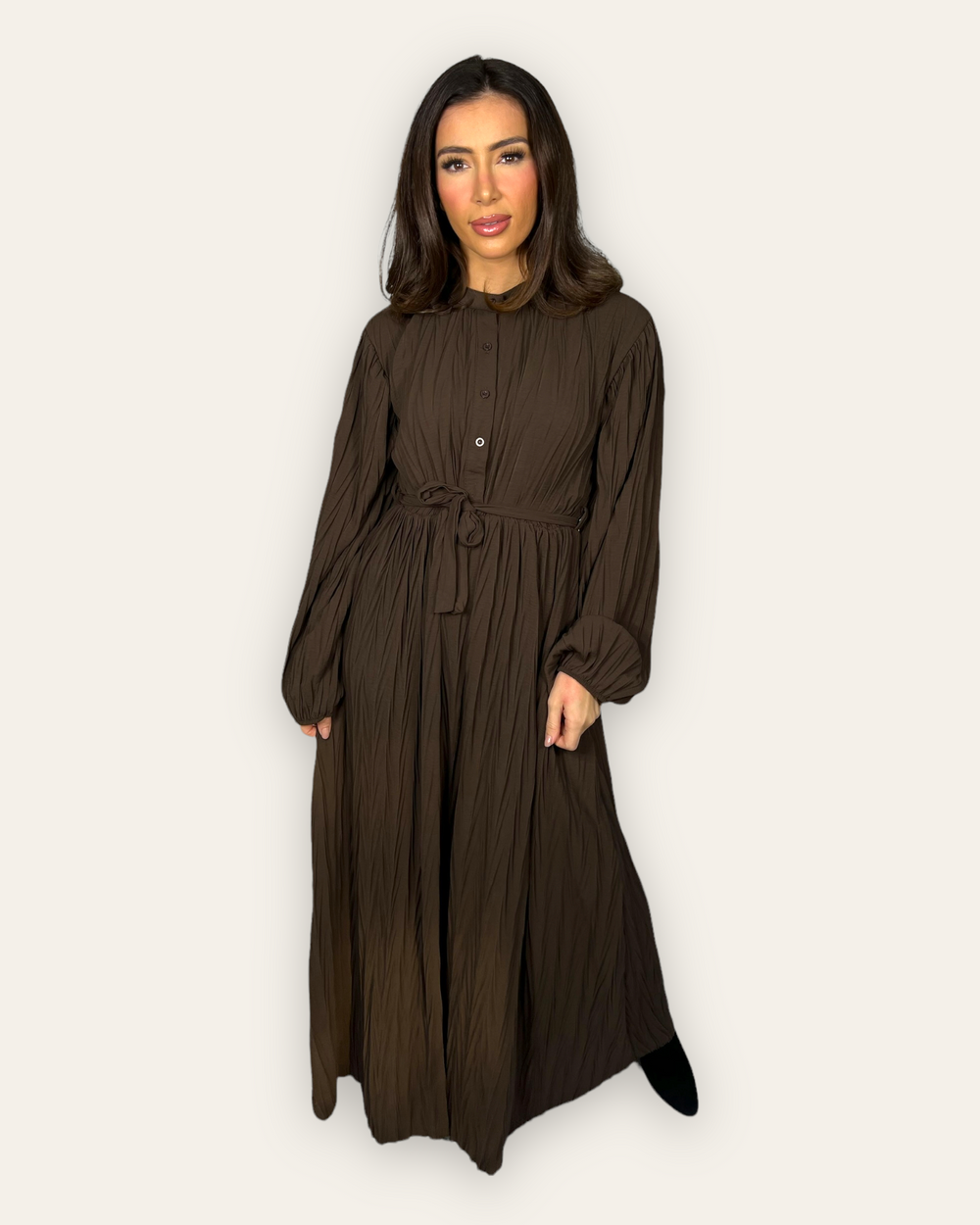 Brown Belted Textured Maxi Dress with long sleeves