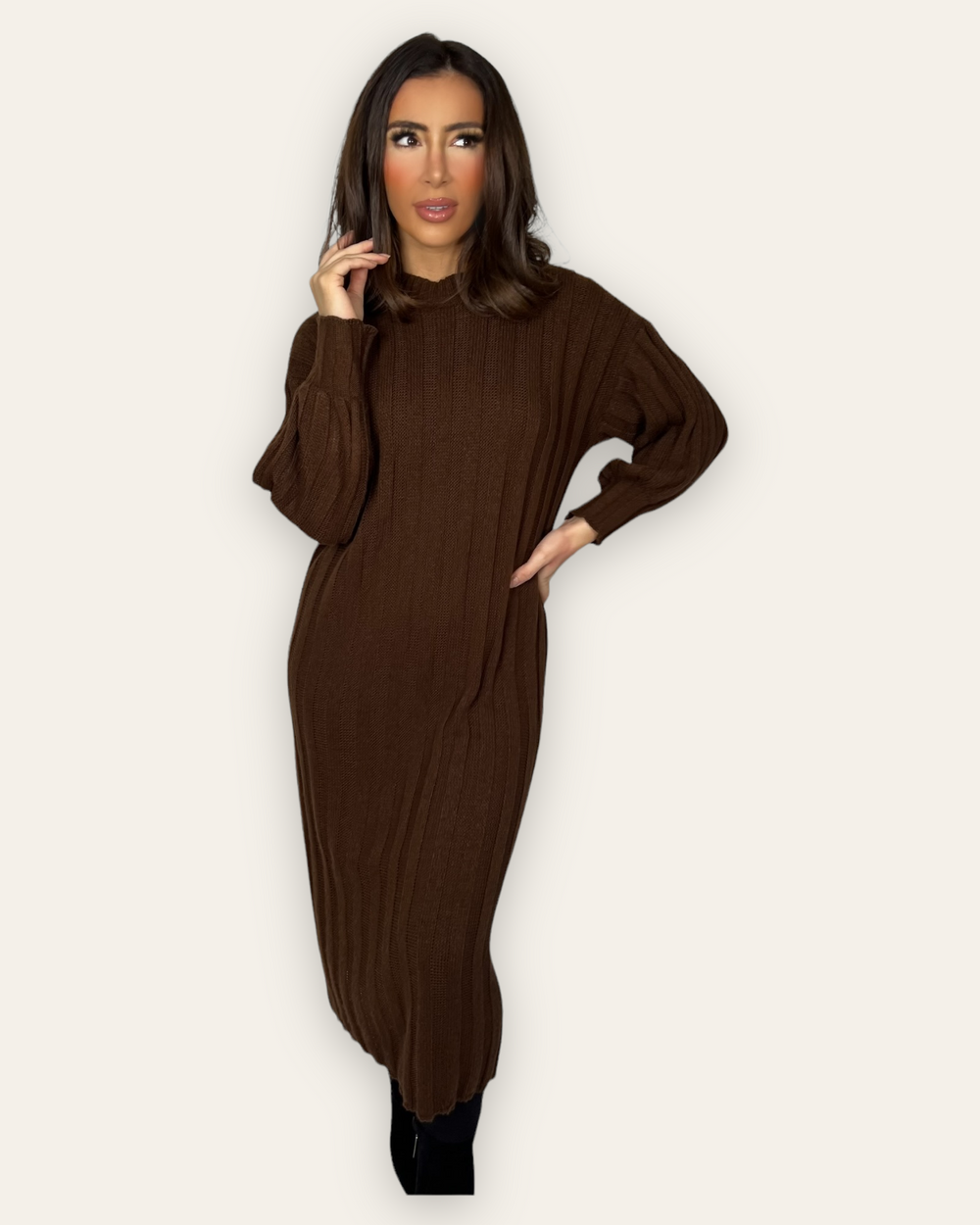 Brown Knit Long Jumper Dress