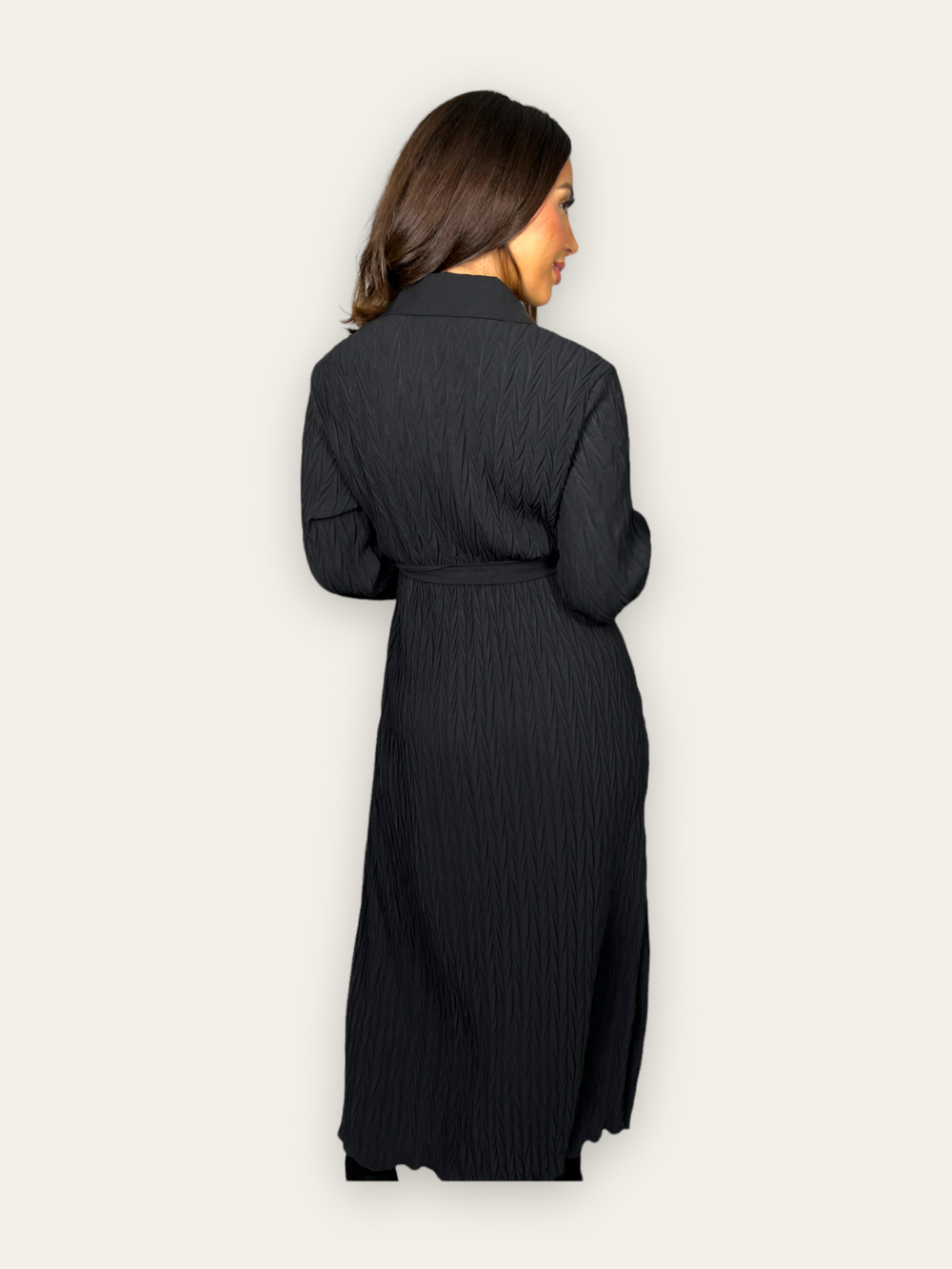 Black Belted Textured Maxi Dress with long sleeves and collars