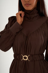 Brown Ruffled High Neck Long Dress With Belt
