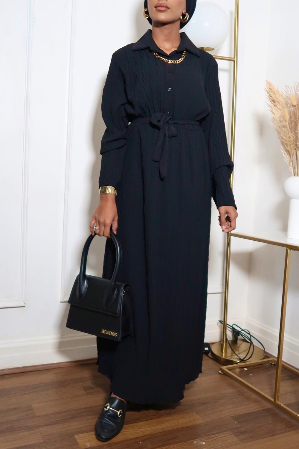 Black Belted Textured Maxi Dress with long sleeves and collars