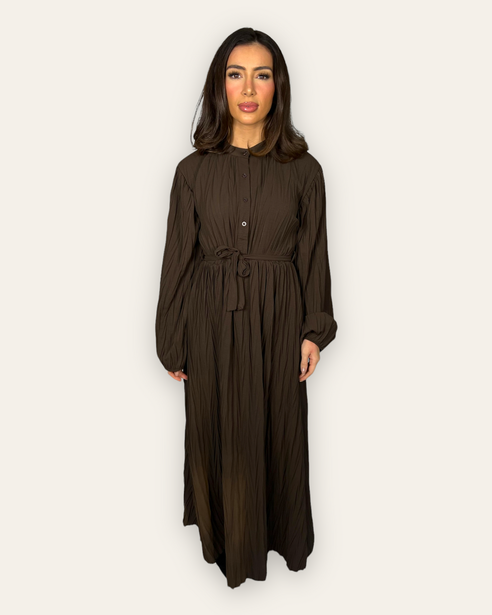Brown Belted Textured Maxi Dress with long sleeves