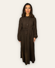 Brown Belted Textured Maxi Dress with long sleeves