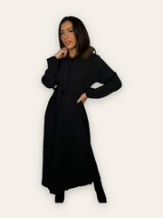 Black Belted Textured Maxi Dress with long sleeves and collars