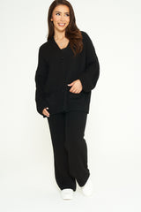 Black oversized thick knitted co-ord set with pockets