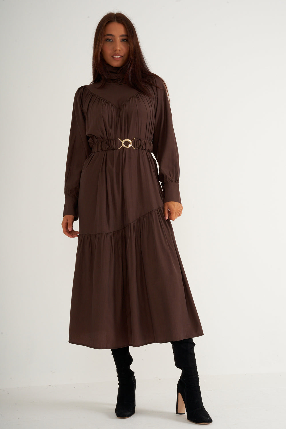 Brown Ruffled High Neck Long Dress With Belt