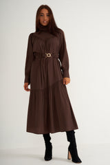 Brown Ruffled High Neck Long Dress With Belt