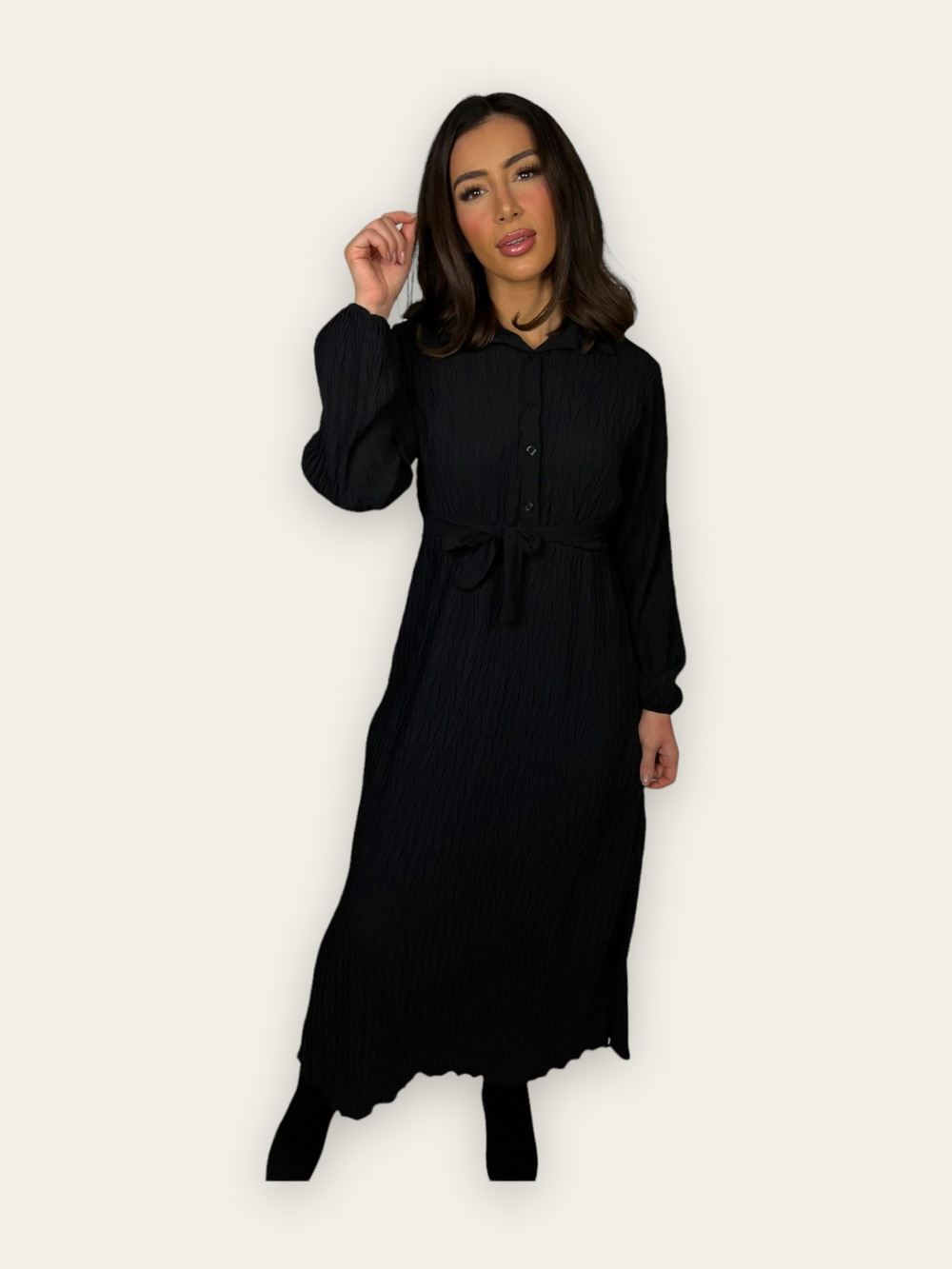 Black Belted Textured Maxi Dress with long sleeves and collars