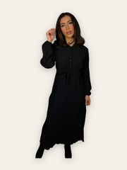 Black Belted Textured Maxi Dress with long sleeves and collars