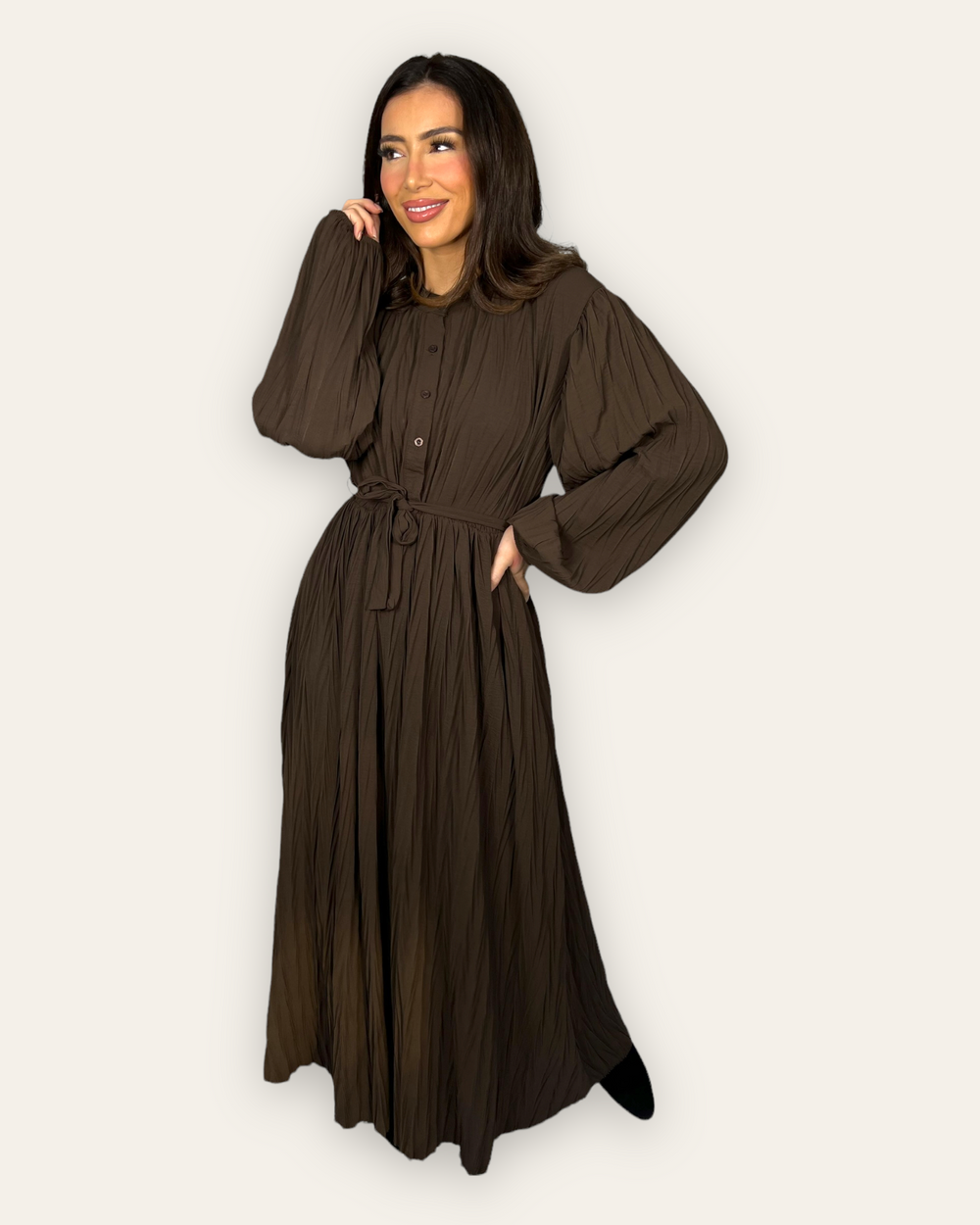 Brown Belted Textured Maxi Dress with long sleeves