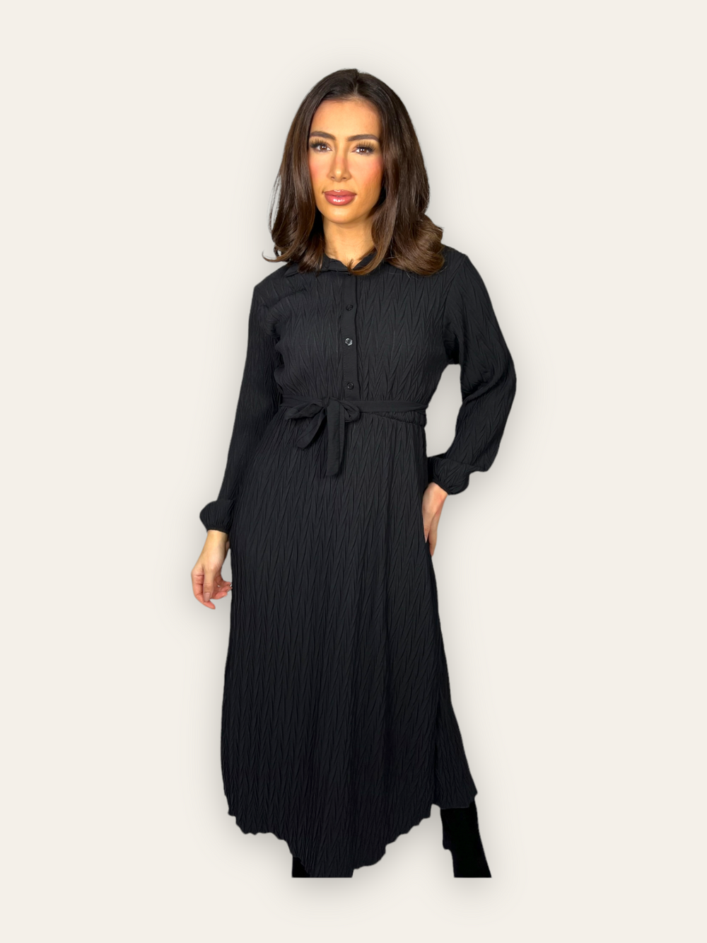 Black Belted Textured Maxi Dress with long sleeves and collars