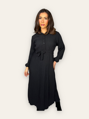 Black Belted Textured Maxi Dress with long sleeves and collars