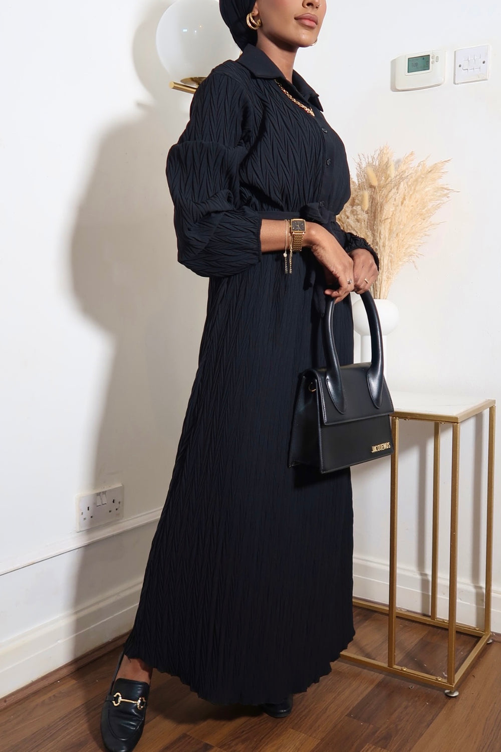 Black Belted Textured Maxi Dress with long sleeves and collars
