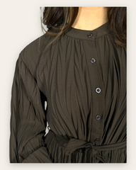 Brown Belted Textured Maxi Dress with long sleeves