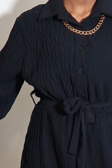 Black Belted Textured Maxi Dress with long sleeves and collars